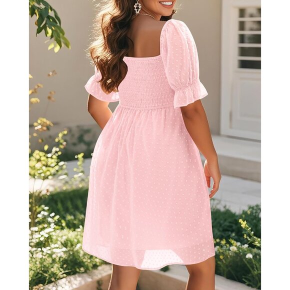 Women's Puff Sleeve Square Neck Mini Chiffon Sundress Casual Summer - Picture 2 of 4